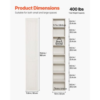 8 Tiers Narrow Bookshelf, 71 in Wooden Tall Open Bookcase with  Height-Adjustable Shelf, Freestanding Display Storage Floor Bookcase Bookshelf for Library, Bedroom, Living Room, Office, White