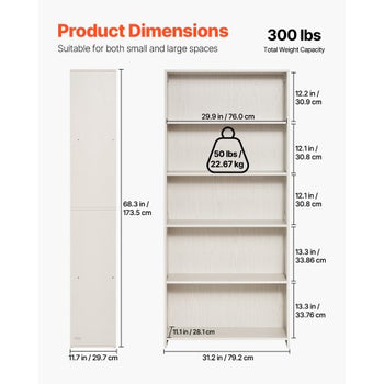 5 Tiers Wide Bookshelf, 68 in Wooden Open Bookcase with Display Storage Organizer Shelf, Freestanding Tall Display Floor Bookcase Bookshelf for Library, Bedroom, Living Room, Office, White