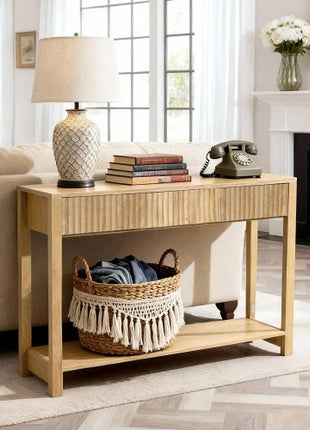 47 in Console Table, Farmhouse Desk Behind the Couch with Drawers and Bottom Storage Shelf, Wooden Rectangle Entrance Narrow Sofa Table for Hallway, Bedroom, Living Room, Foyer, Burlywood