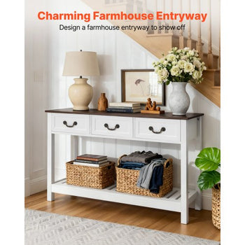 47 in Console Table, Farmhouse Desk Behind the Couch with Drawers and Bottom Storage Shelf, Wooden Rectangle Entrance Narrow Sofa Table for Hallway, Bedroom, Living Room, Foyer, Brown + White