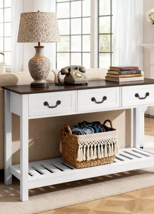 47 in Console Table, Farmhouse Desk Behind the Couch with Drawers and Bottom Storage Shelf, Wooden Rectangle Entrance Narrow Sofa Table for Hallway, Bedroom, Living Room, Foyer, Brown + White