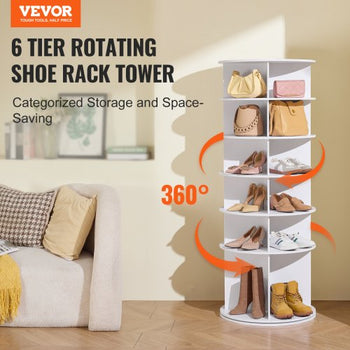 6 Tiers Rotating Shoe Rack Tower, 360°Spinning Shoe Display, Revolving Shoe Rack Storage Round Carousel, Lazy Susan Shoe Rack Organizer, Ideal for Bedroom, Living Room, Entryway, White