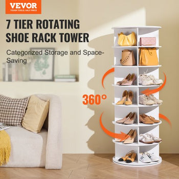 7 Tiers Rotating Shoe Rack Tower, 360°Spinning Shoe Display, Revolving Shoe Rack Storage Round Carousel, Lazy Susan Shoe Rack Organizer, Ideal for Bedroom, Living Room, Entryway, White