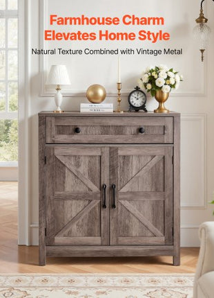 Coffee Bar Cabinet, Farmhouse Coffee Bar Table with Drawer, Buffet Stand Cabinet with 2 Barn Doors, Sideboard Buffet Station for Living Room, Entryway, Kitchen, 29.5 x 14.7 x 31.5 in, Grey