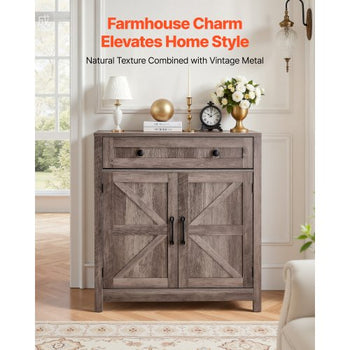 Coffee Bar Cabinet, Farmhouse Coffee Bar Table with Drawer, Buffet Stand Cabinet with 2 Barn Doors, Sideboard Buffet Station for Living Room, Entryway, Kitchen, 29.5 x 14.7 x 31.5 in, Grey