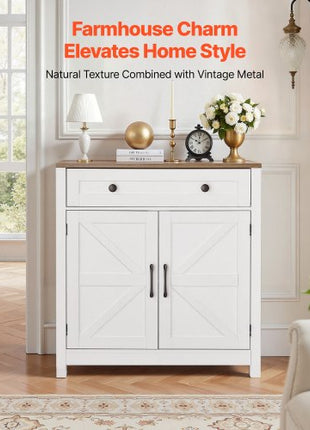 Coffee Bar Cabinet, Farmhouse Coffee Bar Table with Drawer, Buffet Stand Cabinet with 2 Barn Door, Sideboard Buffet Station for Living Room, Entryway, Kitchen, 29.5 x 14.7 x 31.5 in, White