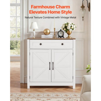 Coffee Bar Cabinet, Farmhouse Coffee Bar Table with Drawer, Buffet Stand Cabinet with 2 Barn Door, Sideboard Buffet Station for Living Room, Entryway, Kitchen, 29.5 x 14.7 x 31.5 in, White