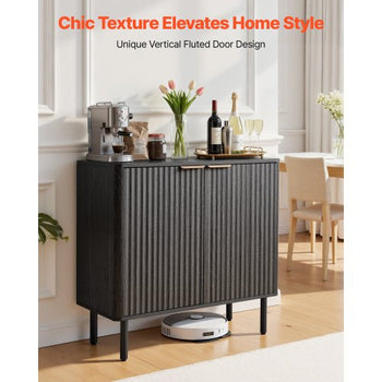 Coffee Bar Cabinet, Mid Century Fluted Coffee Bar Table with 2-Tier Storage, Buffet Stand Cabinet with Barn Door, Sideboard Buffet Station for Living Room, Entryway, 31.5 x 14.7 x 31.5 in, Black