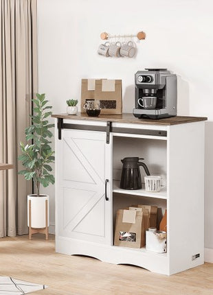 Coffee Bar Cabinet, 31.5 x 13.8 x 31.5 in Farmhouse Coffee Bar Cabinet with 3-Tier Storage, Coffee Bar Table with Barn Door, Farmhouse Sideboard Buffet Cabinet for Living Room, Entryway