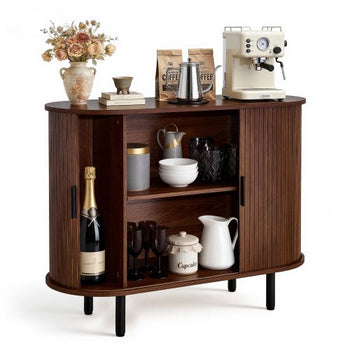 Coffee Bar Cabinet, Mid Century Fluted Coffee Bar Table, Buffet Stand Cabinet with 2 Sliding Doors, Sideboard Buffet Station for Living Room, Entryway, Kitchen, 39.3 x 15.7 x 29.5 in, Walnut