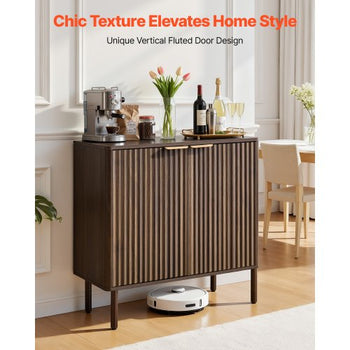Coffee Bar Cabinet, Mid Century Fluted Coffee Bar Table with 2-Tier Storage, Buffet Stand Cabinet with Barn Door, Sideboard Buffet Station for Living Room, Entryway, 31.5 x 14.7 x 31.5 in Walnut