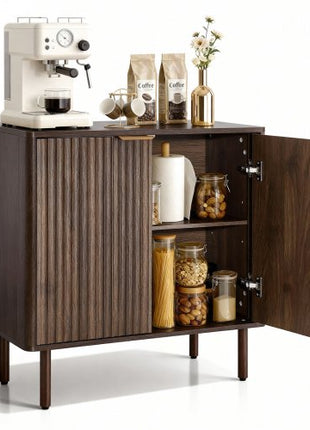 Coffee Bar Cabinet, Mid Century Fluted Coffee Bar Table with 2-Tier Storage, Buffet Stand Cabinet with Barn Door, Sideboard Buffet Station for Living Room, Entryway, 31.5 x 14.7 x 31.5 in Walnut