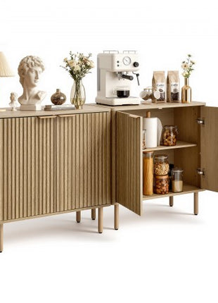 Coffee Bar Cabinet, Mid Century Fluted Coffee Bar Table with 2-Tier Storage, Buffet Stand Cabinet with 4 Barn Doors, Sideboard Buffet Station for Living Room, Entryway, 31.5x14.7x31.5 in(Single)