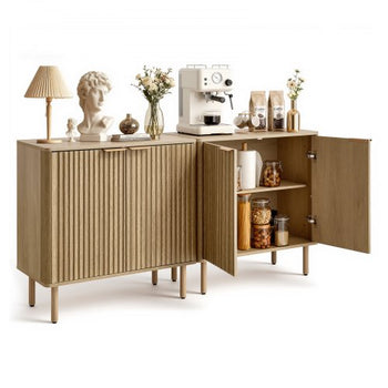 Coffee Bar Cabinet, Mid Century Fluted Coffee Bar Table with 2-Tier Storage, Buffet Stand Cabinet with 4 Barn Doors, Sideboard Buffet Station for Living Room, Entryway, 31.5x14.7x31.5 in(Single)