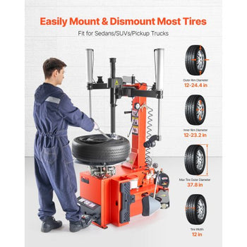 Tire Changer Machine, 1.5HP Copper Motor, Durable Tire Changer with Air Pressure Gauge & Pneumatic Assist Arm, Pedal Operated Tire Changer with Thickened Chuck, Fit for Sedan/SUV/Pickup Truck