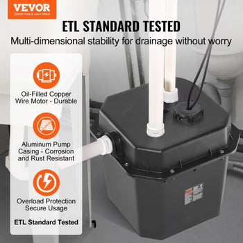 Utility Sink Pump, 1/2 HP, 120-Volt, 3500 GPH Flow, 28 ft Head, Under-Sink Sump Pump System with 6 Gallon Basin, Automatic Utility/Laundry Sink Pump, Drain Pump with 1-1/2" NPT Outlet, Black