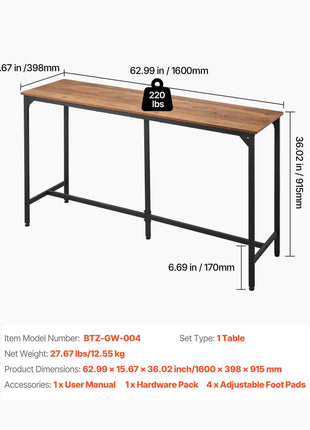 Bar Table, 1PCS 63″ Kitchen Bar Table, Tall Dining Tables with Rounded Edge, Rectangular High Top Kitchen Tables for Balcony, Living Room, Light Brown, Black, Extended Horizontal Design