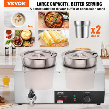 Electric Soup Warmer, Dual 7.4QT Stainless Steel Round Pot, 1200W Commercial Food Warmer, 86~185°F Adjustable Temp, Bain Marie with Anti-Dry Burn and Reset Button, for Restaurant, Buffet