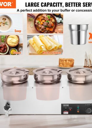 Electric Soup Warmer, Three 7.4QT Stainless Steel Round Pot, 1200W Commercial Food Warmer, 86~185°F Adjustable Temp, Bain Marie with Anti-Dry Burn and Reset Button, for Restaurant, Buffet