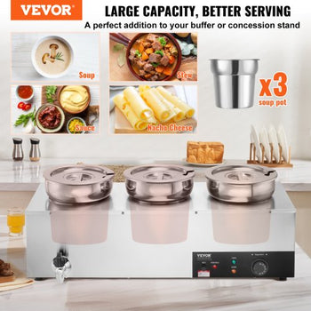 Electric Soup Warmer, Three 7.4QT Stainless Steel Round Pot, 1200W Commercial Food Warmer, 86~185°F Adjustable Temp, Bain Marie with Anti-Dry Burn and Reset Button, for Restaurant, Buffet