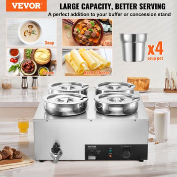 Electric Soup Warmer, Four 7.4QT Stainless Steel Round Pot, 1500W Commercial Food Warmer, 86~185°F Adjustable Temp, Bain Marie with Anti-Dry Burn and Reset Button, for Restaurant, Buffet