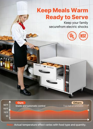 Commercial Electric Drawer Warmer, Two-Drawer Stainless Steel Food Warmer, Freestanding Standard Warming Drawer Cabinet, 85°F185°F Wide Temperature Range, for Restaurant, Hotel Buffet & Bakery