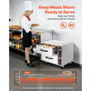 Commercial Electric Drawer Warmer, Two-Drawer Stainless Steel Food Warmer, Freestanding Standard Warming Drawer Cabinet, 85°F185°F Wide Temperature Range, for Restaurant, Hotel Buffet & Bakery