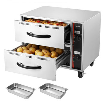 Commercial Electric Drawer Warmer, Two-Drawer Stainless Steel Food Warmer, Freestanding Standard Warming Drawer Cabinet, 85°F185°F Wide Temperature Range, for Restaurant, Hotel Buffet & Bakery