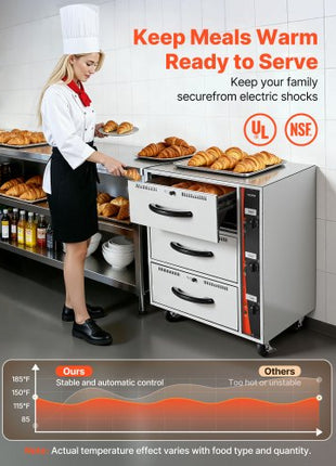 Commercial Electric Drawer Warmer, Three-Drawer Stainless Steel Food Warmer, Freestanding Standard Warming Drawer Cabinet, 85°F185°F Wide Temperature Range, for Restaurant, Hotel Buffet, Bakery