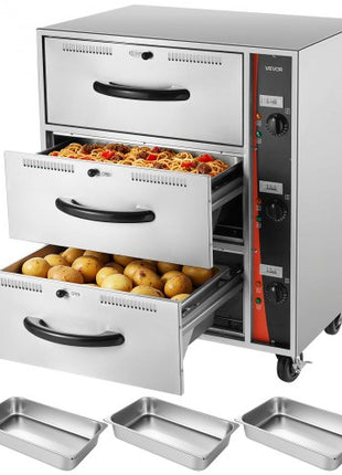 Commercial Electric Drawer Warmer, Three-Drawer Stainless Steel Food Warmer, Freestanding Standard Warming Drawer Cabinet, 85°F185°F Wide Temperature Range, for Restaurant, Hotel Buffet, Bakery