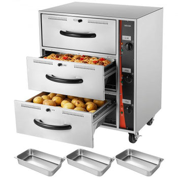 Commercial Electric Drawer Warmer, Three-Drawer Stainless Steel Food Warmer, Freestanding Standard Warming Drawer Cabinet, 85°F185°F Wide Temperature Range, for Restaurant, Hotel Buffet, Bakery