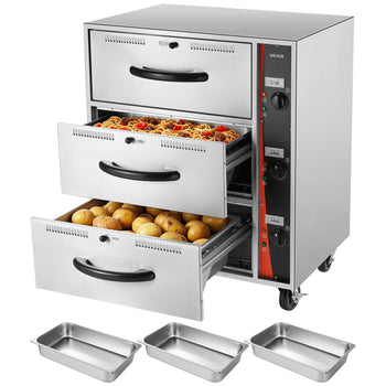 Commercial Electric Drawer Warmer, Three-Drawer Stainless Steel Food Warmer, Freestanding Standard Warming Drawer Cabinet, 85°F–185°F Wide Temperature Range, for Restaurant, Hotel Buffet, Bakery