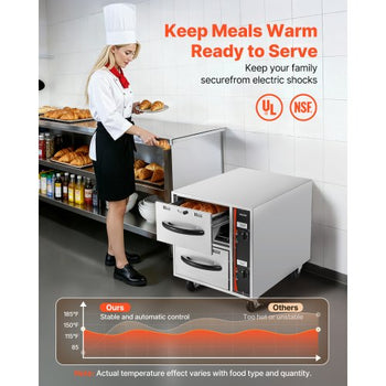 Commercial Electric Drawer Warmer, 2 Full-Size Pan Stainless Steel Food Warmer, Freestanding Standard Warming Drawer Cabinet, 85°F185°F Wide Temperature Range, for Restaurant, Hotel Buffet & Bakery