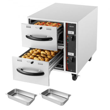 Commercial Electric Drawer Warmer, 2 Full-Size Pan Stainless Steel Food Warmer, Freestanding Standard Warming Drawer Cabinet, 85°F185°F Wide Temperature Range, for Restaurant, Hotel Buffet & Bakery