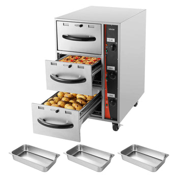 Commercial Electric Drawer Warmer, Three-Drawer Stainless Steel Food Warmer, Freestanding Compact Warming Drawer Cabinet, 85°F–185°F Wide Temperature Range, for Restaurant, Hotel Buffet & Bakery