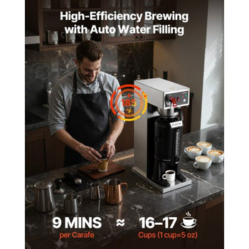 Commercial Drip Coffee Maker, 16-17 Cups Machine with 2.5 L Thermal Carafe, Keep Warm for 4 Hours, Stainless Steel Brewer with Auto Water Filling, for Restaurant, Office, Coffee Shop & Home
