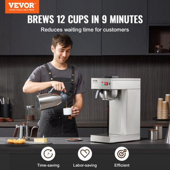 12 Cups Commercial Drip Coffee Maker, Coffee Maker Machine with Thermal Carafe to Keep Warm or Cold, Stainless Steel Pour Over Coffee Brewer for Restaurant, Office, Cafe