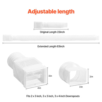 Rain Gutter Downspout Extensions, 2-Pack Flexible Downspout Extender, Down Spout Drain Extension Extendable from 22" to 63", Gutter Extensions with Adapters, for Rainwater Drainage, White