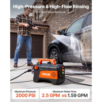 Electric Pressure Washer, 1958 Max PSI 2.5 Max GPM, Portable Power Washer with 4 Nozzles, Metal Extension Wand, Commercial-Grade 5-Piston Plunger Pump, High Pressure for  Cars,Driveways,Patios