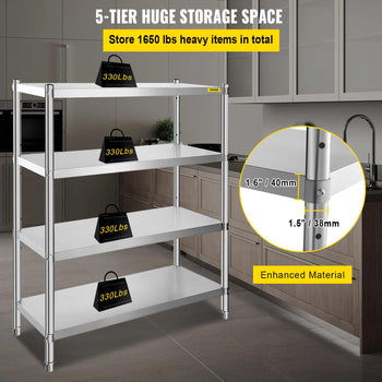 Stainless Steel Shelving 46.8x18.5 Inch 4 Tier Adjustable Shelf Storage Unit Stainless Steel Heavy Duty Shelving for Kitchen Commercial Office Garage Storage 330lb Per Shelf