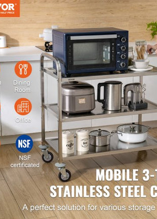Kitchen Utility Cart, 3 Tiers, Wire Rolling Cart with 450LBS Capacity, Steel Service Cart on Wheels, Metal Storage Trolley with 80mm Basket Curved Handle PP Liner 6 Hooks, for Indoor and Outdoor
