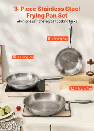 Tri-Ply Stainless Steel Frying Pan, 3 Pcs Set (8, 10, 12 in), Cooking Skillet with Heat-Resistant Handle, Chef's Kitchen Cookware, Oven, Gas, Electric, Induction, Dishwasher Compatible, Silver