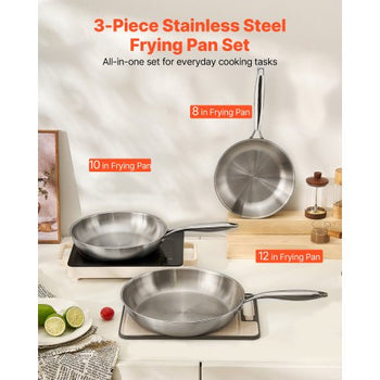 Tri-Ply Stainless Steel Frying Pan, 3 Pcs Set (8, 10, 12 in), Cooking Skillet with Heat-Resistant Handle, Chef's Kitchen Cookware, Oven, Gas, Electric, Induction, Dishwasher Compatible, Silver