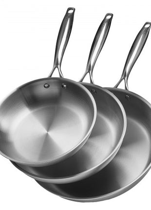 Tri-Ply Stainless Steel Frying Pan, 3 Pcs Set (8, 10, 12 in), Cooking Skillet with Heat-Resistant Handle, Chef's Kitchen Cookware, Oven, Gas, Electric, Induction, Dishwasher Compatible, Silver