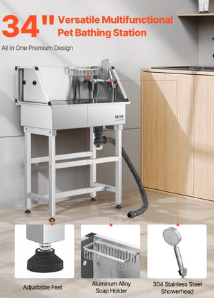 34 Inch Stainless Steel Dog Washing Station, Pet Grooming Tub with Hot & Cold Faucet, Showerhead, Storage Rack, No-Bend All-in-One Bathtub, Home Wash Sink, Fits Small Cats and Dogs