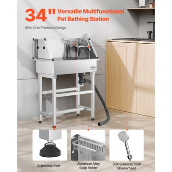 34 Inch Stainless Steel Dog Washing Station, Pet Grooming Tub with Hot & Cold Faucet, Showerhead, Storage Rack, No-Bend All-in-One Bathtub, Home Wash Sink, Fits Small Cats and Dogs