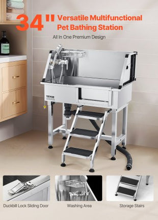 34" Dog Washing Station, Stainless Steel Pet Grooming Tub Bathtub, Professional Dog Wash Sink with Shower, Faucet, Soap Holder, Non-Slip Stairs Easy-Clean Design for Small Pets Cats (Right Door)