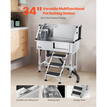 34" Dog Washing Station, Stainless Steel Pet Grooming Tub Bathtub, Professional Dog Wash Sink with Shower, Faucet, Soap Holder, Non-Slip Stairs Easy-Clean Design for Small Pets Cats (Right Door)