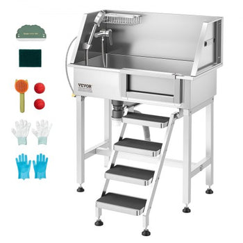 34" Dog Washing Station, Stainless Steel Pet Grooming Tub Bathtub, Professional Dog Wash Sink with Shower, Faucet, Soap Holder, Non-Slip Stairs Easy-Clean Design for Small Pets Cats (Right Door)