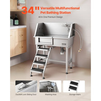 34" Dog Washing Station, Stainless Steel Pet Grooming Tub Bathtub, Professional Dog Wash Sink with Shower, Faucet, Soap Holder, Non-Slip Stairs Easy-Clean Design for Small Pets Cats (Left Door)